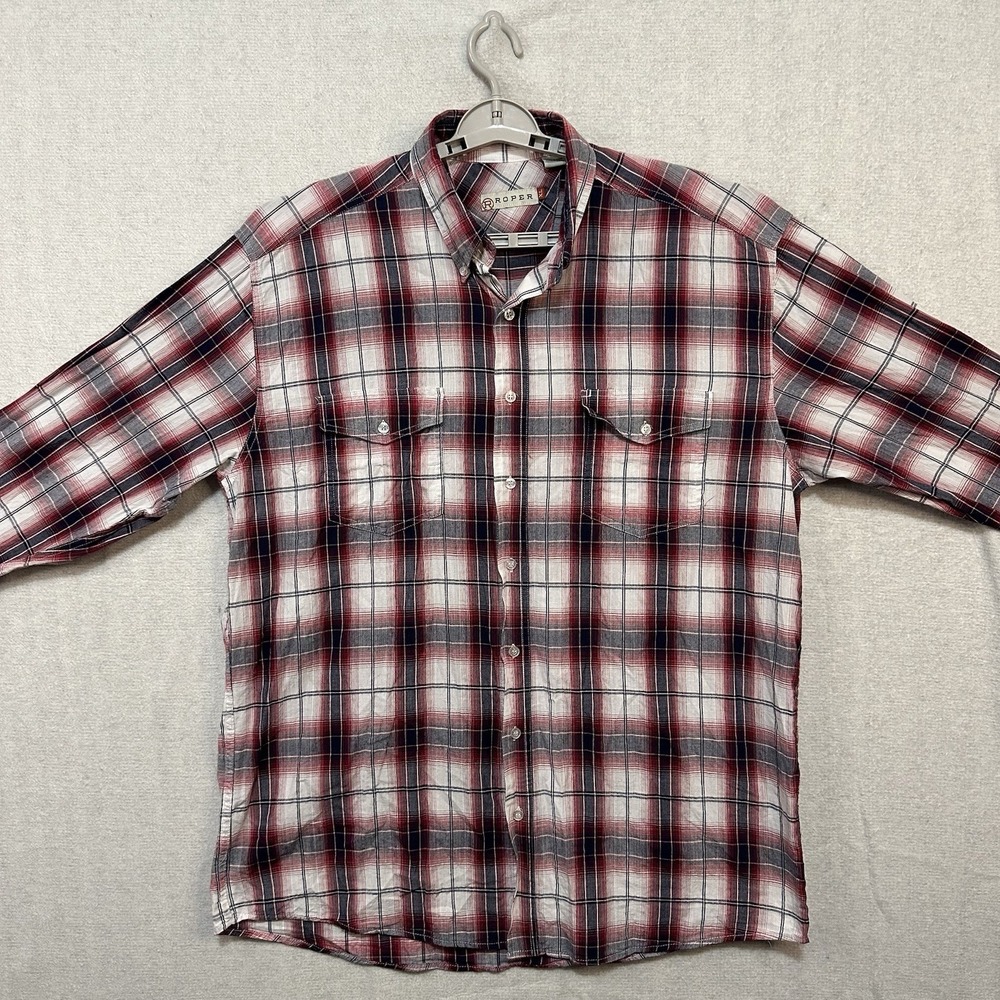 Roper Western Shirt Men's XL Long Sleeve Button Up Red Plaid Country Church Cows